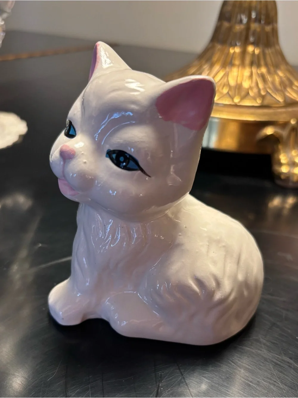 Vintage White Ceramic Cat Figurine with Pink Accents Blue Eyes